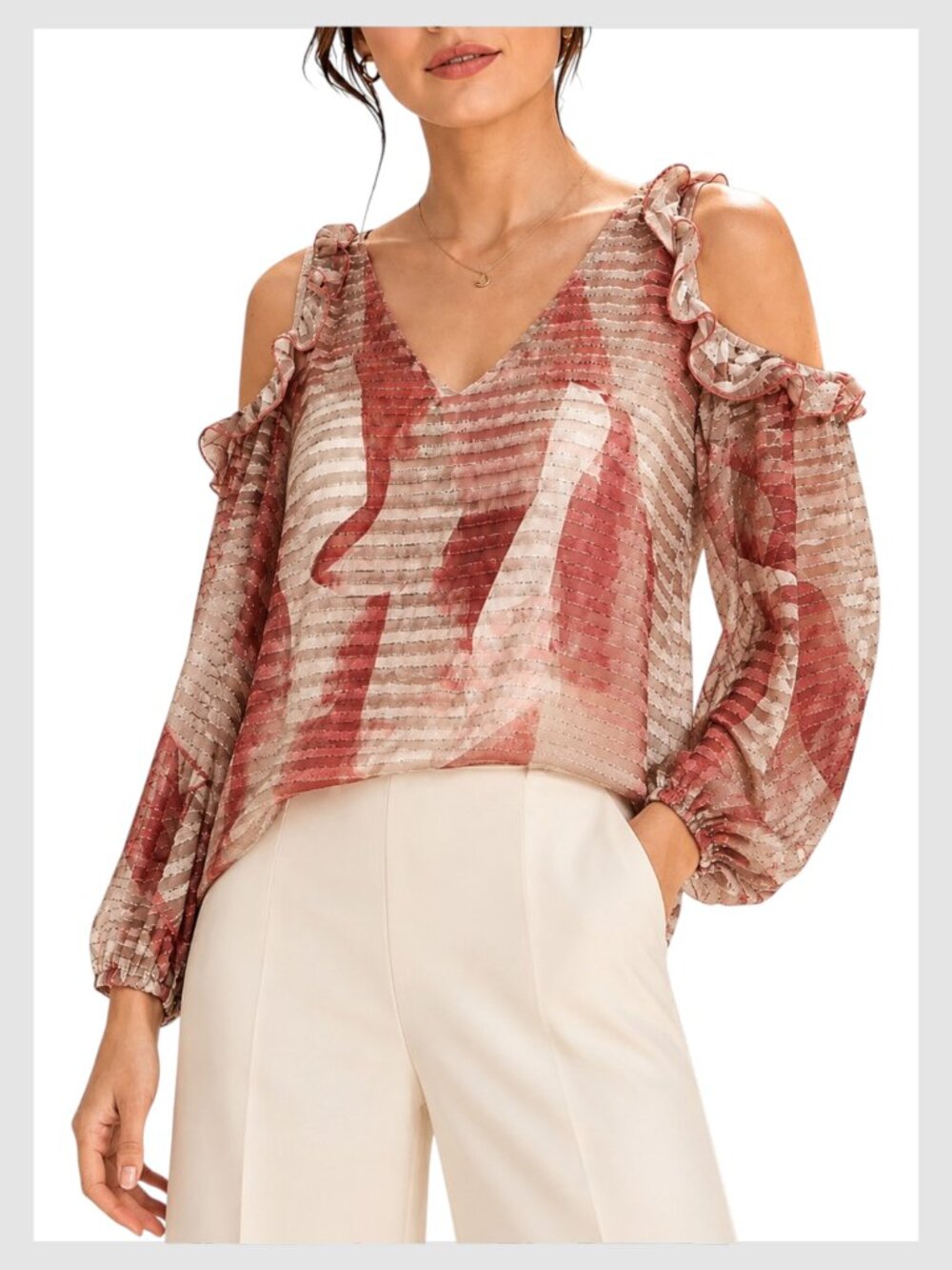 Adrienne Landau Blouse Cream Brown Cold Shoulder Ruffle Sleeve L
